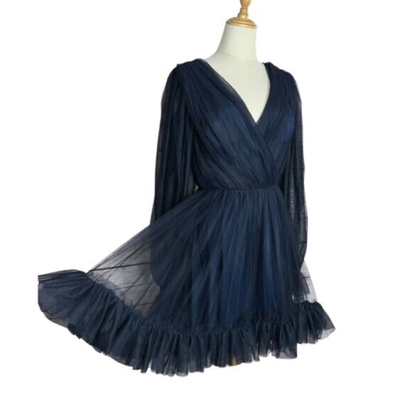 NWT Trina Turk Moonstruck Blue Balloon Long Sleeve Dainty Tulle Mini Dress Sz 6 - Picture 8 of 12